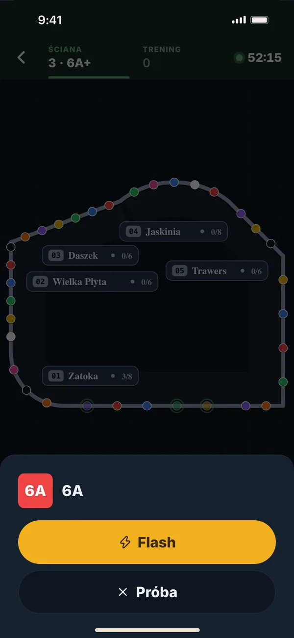 Zapis przejścia w apce: mapa hali i przyciski Flash oraz Próba dla bloku 6A. Dane przykładowe