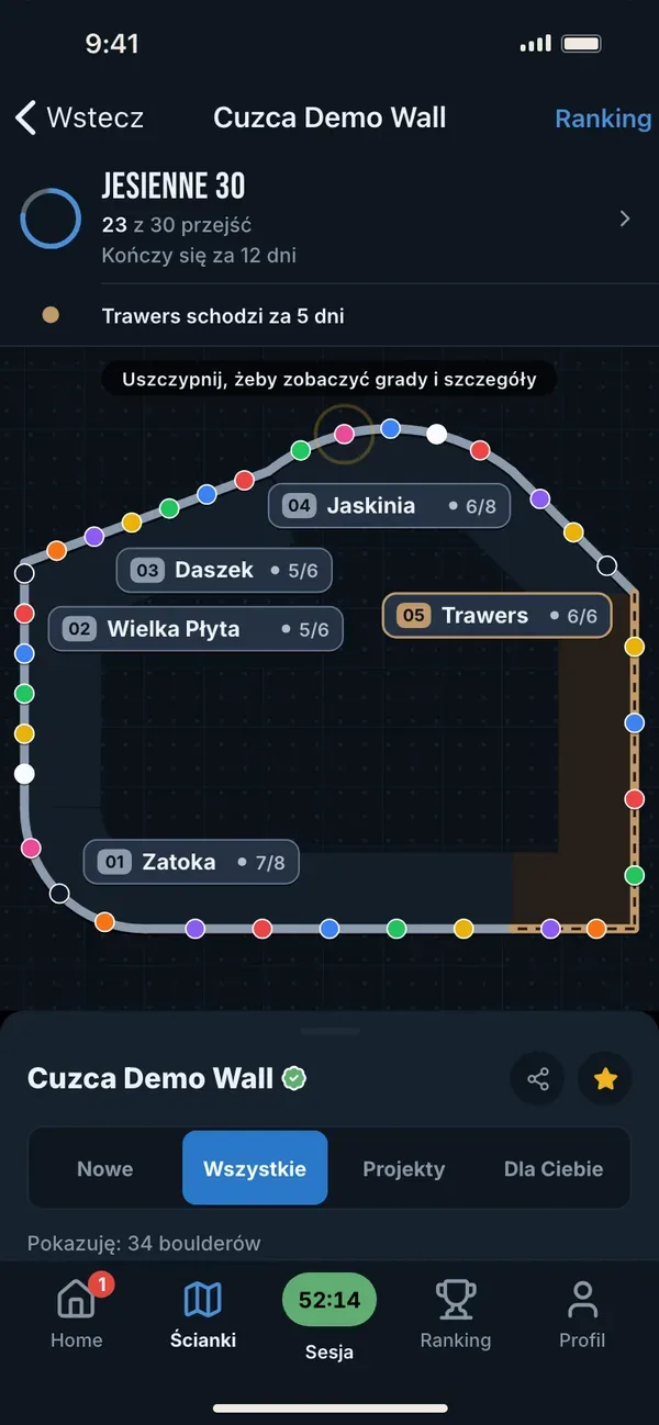 Mapa hali wspinaczkowej w aplikacji Cuzca z blokami i wycenami