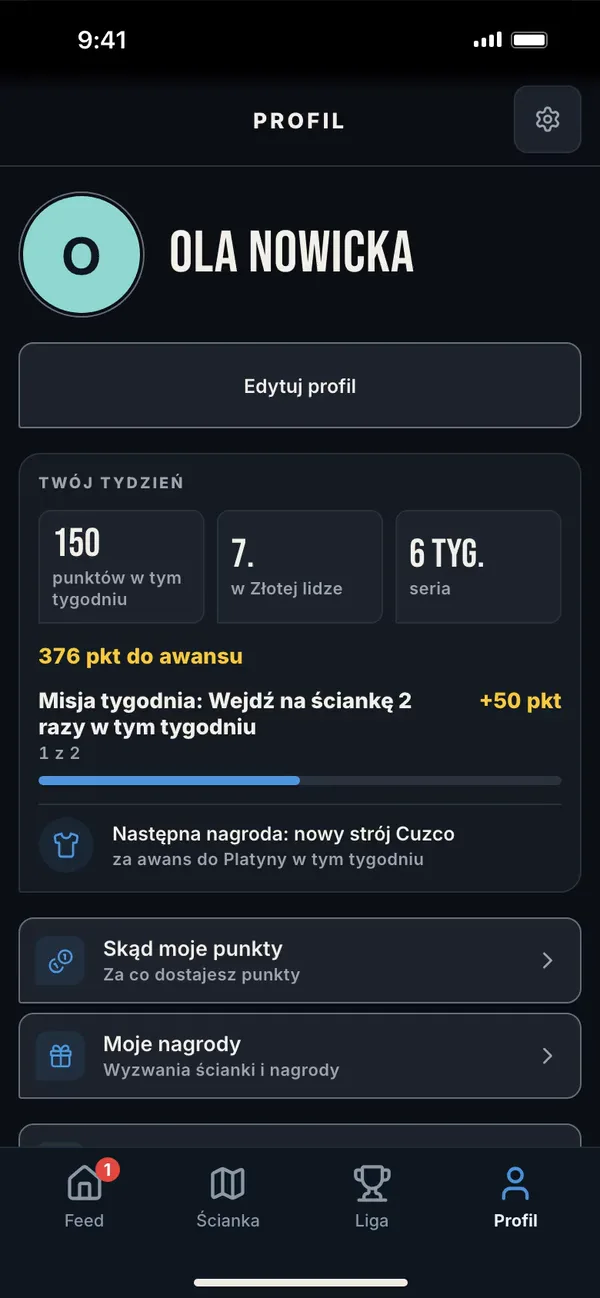 Profil wspinacza: Twój tydzień z punktami, miejscem w lidze, serią i misją tygodnia