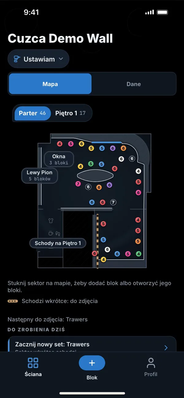 Plan setu w aplikacji settera: set w przebudowie, 6 z 10 bloków gotowych i publikacja o czasie